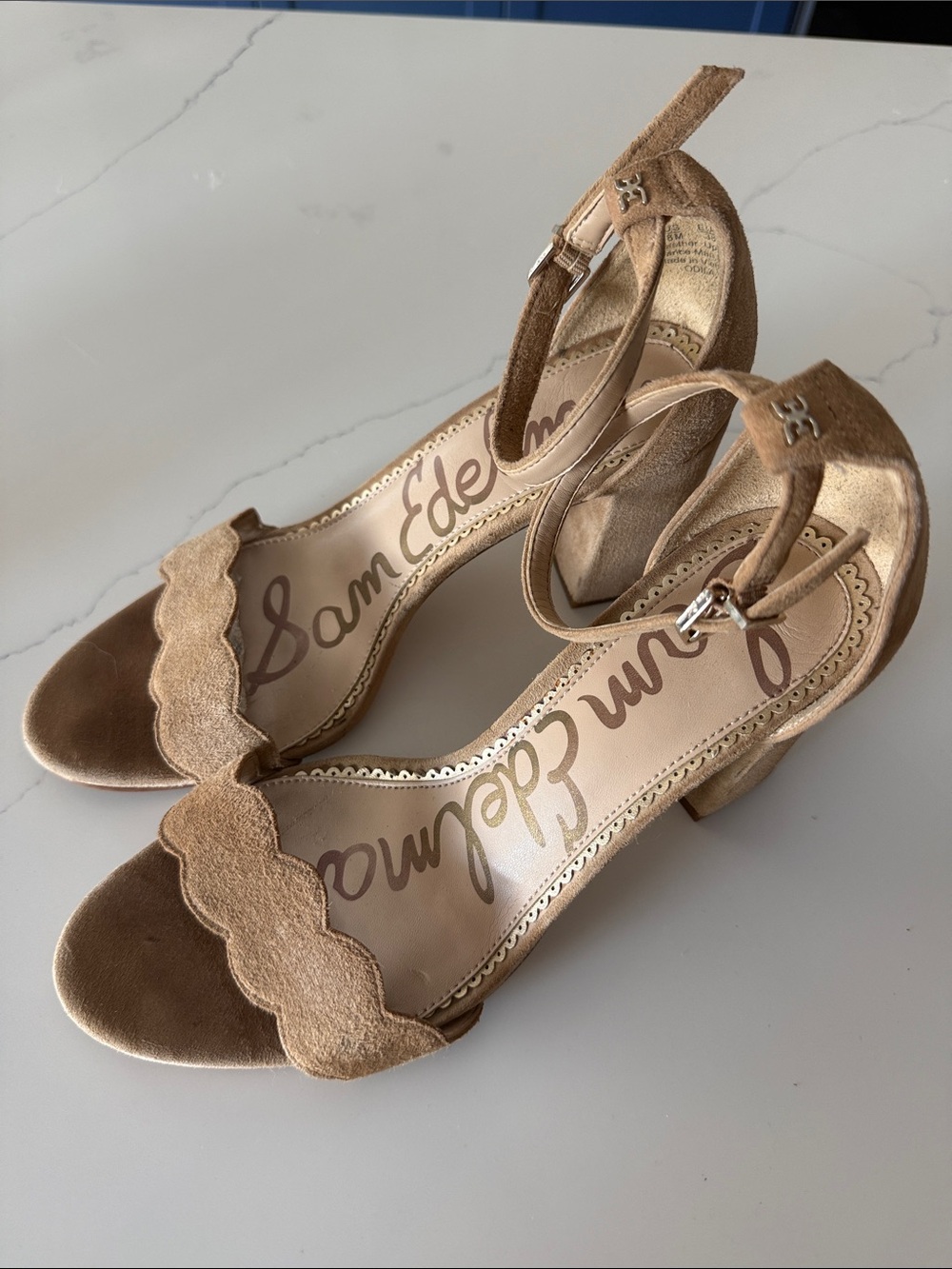 Sam Edelman Tan Suede Scallop Strap Block Heel Sandals
